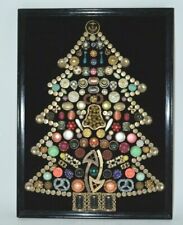 Vtg Framed Costume Jewelry Buttons Rhinestone Christmas Tree Art Large 15x21 MCM picture