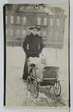 RPPC Victorian Women Pushing Baby Pram Carriage in Snow c1907 Postcard C18 picture