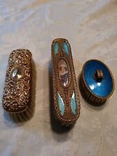 French Gilt Bronze Guilloche Enamel Brushes And Gold Monogrammed Brush (3) picture