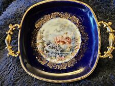 Vintage Limoges France Cobalt Blue Gold Trim Double Handle Dish picture