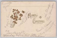 Hearty Greetings~Gold Clovers & Strawberries~PM 1908~Embossed~Vintage Postcard picture