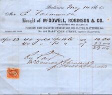 McDowell & Robinson Baltimore MD 1866 Billhead Carpets Oil Cloths Tax Stamp picture