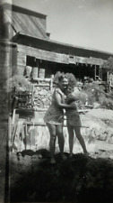 Woman & Boy Hugging By Mining Camp B&W Photograph 2.75 x 4.5 picture
