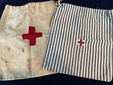 Antique 1920 Red Cross Pin and 2 Handmade Bags w/ Red Crosses  Ticking & Muslin picture