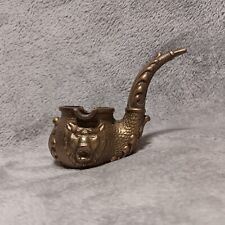 Brass Pipe Shaped Ashtray Raised Lion Floral Pattern 2 Cig Rests Tobacciana  picture