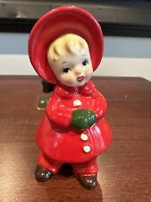Vintage Christmas Figurine Japan Josef Originals Girl in Red Coat & Hat Blonde picture