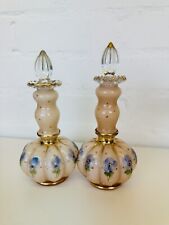 Vtg Fenton Art Glass Perfume Bottles Pink W/Blue Flowers &Gold Accents Signed picture