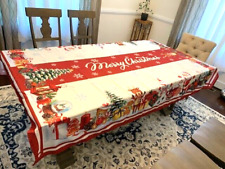 Vintage Merry Christmas Tablecloth Santa Snowman Tree Deer 82 x 68 inch  Kitschy picture