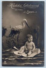 Berlin Germany Postcard RPPC Photo Stork And Cute Baby 1911 Posted Antique picture