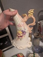 Antique Hand Painted Floral with Dragon Handle 12” Tall Porcelain Vase picture