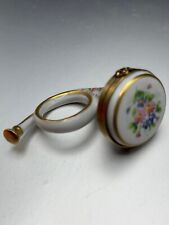 Limoges France FRENCH HORN FLORAL Ceramic Peint Main Hand Painted Trinket Box picture
