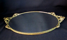 Vintage Brass/ 24K Gold Plated Roses Oval Shape Mirror Vanity Tray - Globe picture