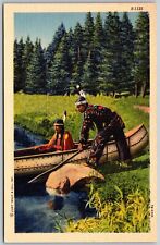 Vtg Native American Indian Brave & Squaw Take Canoe 1940s Linen View Postcard picture