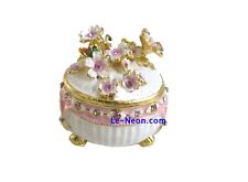 Bejeweled Pink Flower Oval Round Box Hinged Metal Enameled Rhinestone Trinket picture