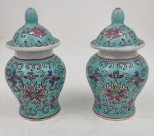 Vintage Chinese Miniature Famille Teal Ginger Jars Floral Turquoise Hand Painted picture