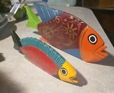 Pair Painted Tropical Fish  Mexican Art Wood Carved Mexico 9 1/2