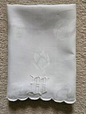 Antique Linen floral Damask Large Towel Scallop Edge Monogram M Embroidered picture