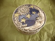 PEWTER ROUND CELESTIAL TRINKET BOX/ HOLDER WITH ENAMEL HALF MOON & STARS ON LID picture