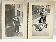 Vtg Found 3x5 Scalloped Photograph Small Girl Behind Tree & Tricycle 1940s-50s picture