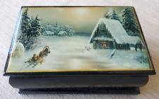Russian Lacquer Miniature Wood Box Old Time Winter Snow Scene Шкатулка Зима Сани picture