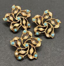 Vintage Set of 3 Pierced Metal FLOWER with Pearl & Blue Embellishments (L11) picture