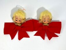 Vintage Pair Kitschy Blonde Angel Head Red Bow Tree Ornament MCM Japan Christmas picture