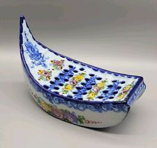 Vintage Alcobaca Portugal Pottery Floral Frog Vase Boat Blue Flower 9.5