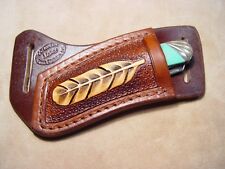 Custom Leather Crossdraw Sheath w/feather for 4” Trapper (left hand) picture