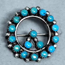 VINTAGE STERLING SILVER ZUNI PETITE POINT OLD PAWN TURQUOISE BROOCH / PIN 7/8