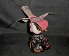 Brumm Enamel on Copper Bird Figurine/Sculpture ~ Pink Multicolor~ Burl Wood Base picture