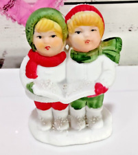 Vintage Porcelain Holiday Winter Boy and Girl Carolers Taper Candle Holder picture