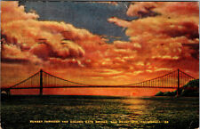 San Francisco California Sunset Thru Golden Gate Bridge C-1944 Old Postcard  picture