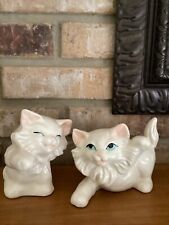 Pair Vintage Ceramic Cats Pink Ears Off White One With Closed Eyes 5” picture