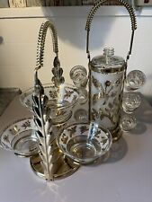 Vintage Liquor Decanter Bar Set Brass Holder With Snack Relish Caddy MCM Barware picture