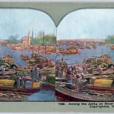 c1900s Shanghai, China Junks on River Boat Wu-sung Asia Photo Stereo Card V9 picture