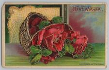 Greetings~Best Wishes~Basket of Red Roses~Vintage Postcard picture