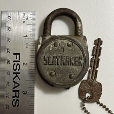 SLAYMAKER 7 BRASS WARDED PADLOCK & KEY OLD ANTIQUE LOCK VINTAGE LOCK USA MADE picture