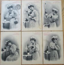Set of SIX 1905 Bergeret French Fantasy Postcards: Champagne Tempting Maid, Wine picture