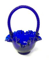 Vintage Fenton Art Glass Cobalt Blue Ruffled Rim Handled Brides Basket picture