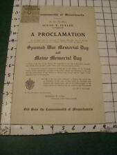 Original PAPER -- A PROCLAMATION - SPANISH WAR MEMORIAL DAY comm of Mass 1920s picture