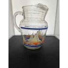 Vintage Hazel Atlas Glass Blue And Orange Sailboat Pitcher With Ice Lip picture