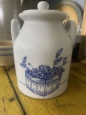 Vintage Blue Flowers French Country Stoneware Lidded Cream Jug Farmhouse picture