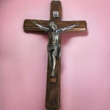 Wooden Walnut stain Wall Cross Crucifix with Pewter Jesus Christ Corpus Catholic picture