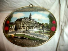 1920s PARIS FRANCE SOUVENIR TOURS PRINT CONVEX GLASS DRIED FLOWERS TIN FRAME picture
