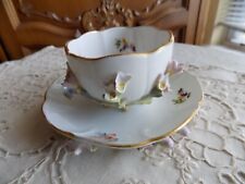 Antique Meissen Porcelain Hand Painted Footed Tea Cup &Saucer Applied 3DFlowers picture