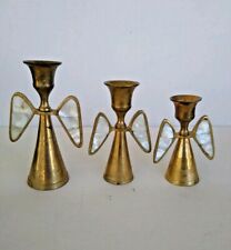 Vtg Brass Candle Holder Set Ascending Angels Mother Of Pearl Wings India Foundry picture
