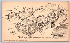 Sketches~Birds Eye View Of Muncie Indiana~Stores Windmill & Ox Cart~Vtg Postcard picture