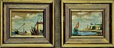 Retro wall art, pair oil paintings, Spain water boats, J.C. Penney, small picture