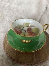 HAMMERSLEY Teacup & Saucer Fruit Peach Cherries Green Gold Gilded Pedestal picture