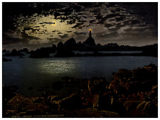 England. Channel Islands. Guernsey. Lighthouse by moonlight Corber. Vintage picture